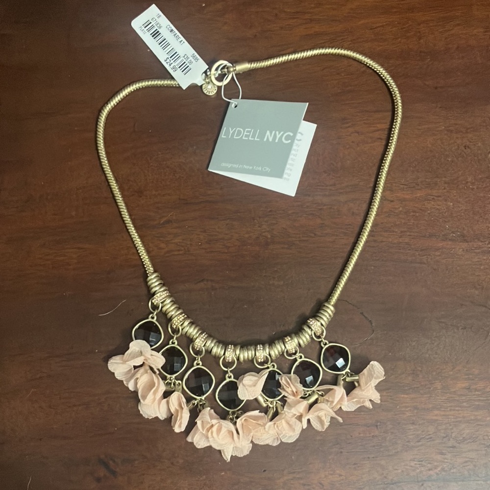 Lydell NYC Charm Necklace with Pink Fabric Flowers & Red Glass